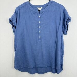 Caslon Womens Gauzy‎ Cotton Top Button Up Short Sleeve Blouse Blue Size M